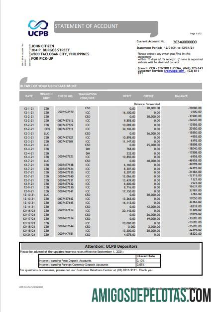 Modelo de extrato bancário UCPB das Filipinas para download em formato Excel e PDF